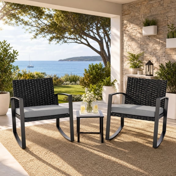 Modern 3-Piece Patio Rocking Chair Set, Outdoor Wicker Bistro Conversation Set with Tempered Glass Coffee Table & Thick Grey Cushions for Porch, Balcony, Deck, Garden