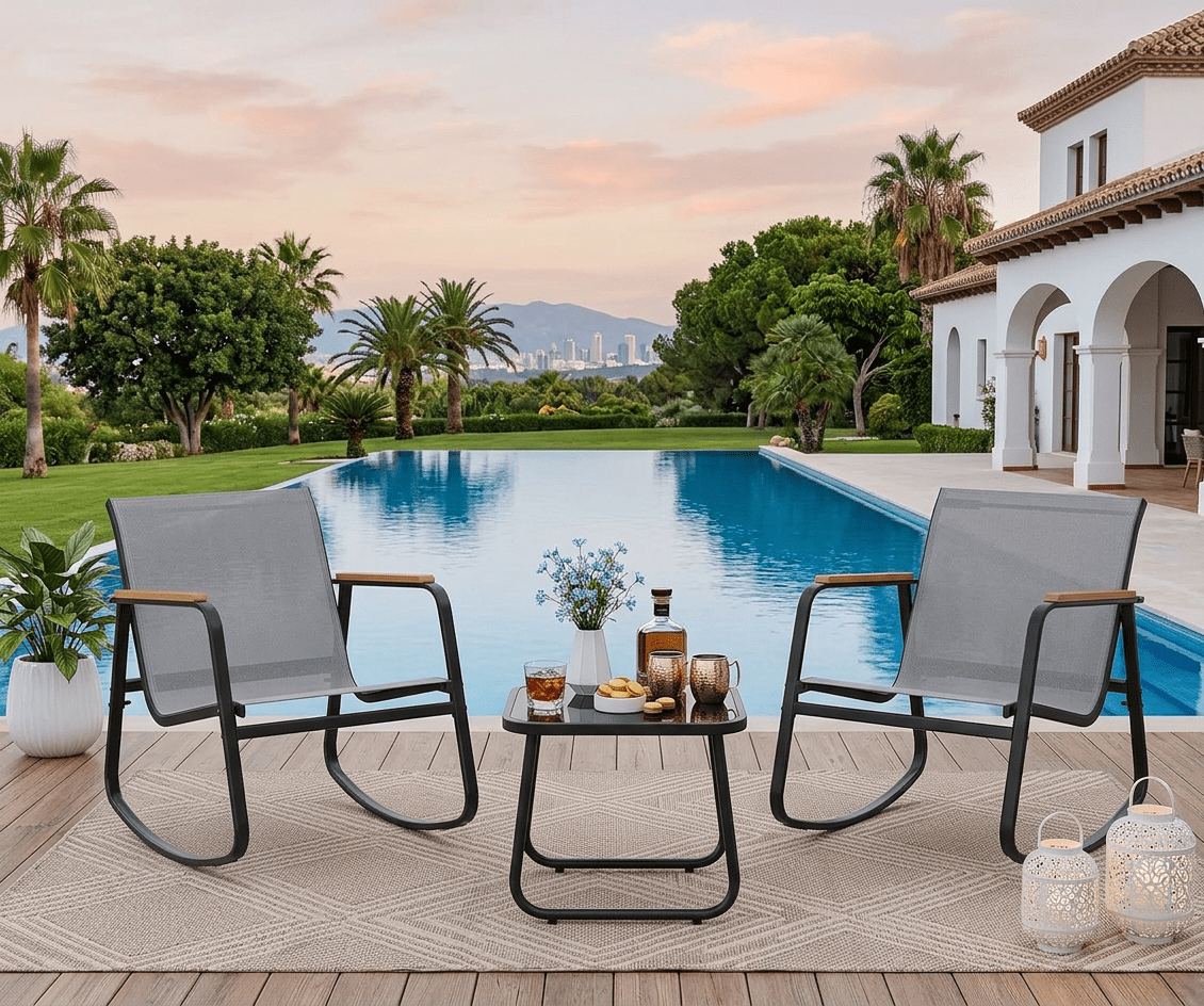 3 Piece Textilene Patio Set, Fabric Rocking Bistro Furniture, Front Porch Rocker Chairs with Tempered Glass Coffee Table, for Lawn, Garden, Balcony, Poolside, Gray