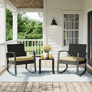 3 Piece Patio Furniture Set, Modern Outdoor Wicker Rattan Chairs with Glass Table, All-Weather Conversation Set with Removable Cushions for Porch, Balcony, Backyard, Beige