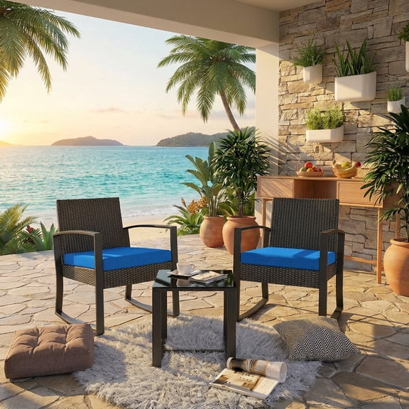Patio Furniture Set, 3-Piece All-Weather Rocking Wicker Chair Set with Glass Table for Backyard, Blue