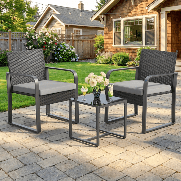 3-Piece Outdoor Patio Furniture Set, Patio Bistro Set with Glass Coffee Table & Gray Cushions, Outdoor Chairs Set for Garden, Porch, Yard, Balcony