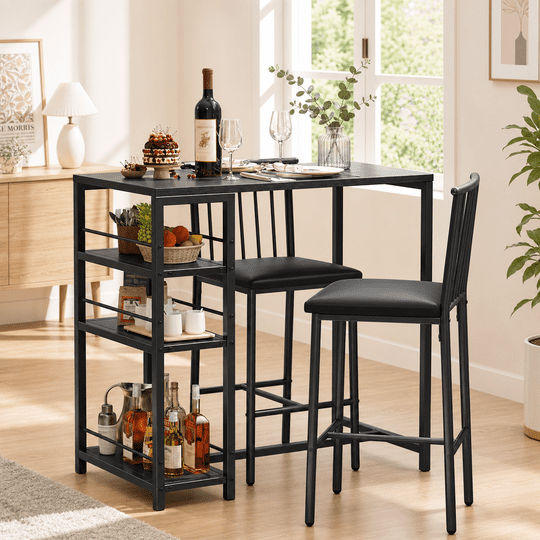 Aiho 3 Pieces Dining Table Set for 2, Counter Height Bar Table Set with Storage Shelves, Pub Table and Padded Chairs for Kitchen, Dining Room - Black
