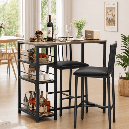 Aiho 3 Pieces Dining Table Set for 2, Counter Height Bar Table Set with Storage Shelves, Pub Table and Padded Chairs for Kitchen, Dining Room - Gray