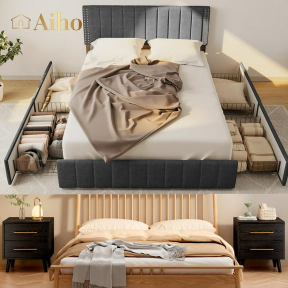 Aiho 3 Pieces Bedroom Furniture Set, Includes Queen Bed Frame with Drawers, Nightstands Set of 2 - Black