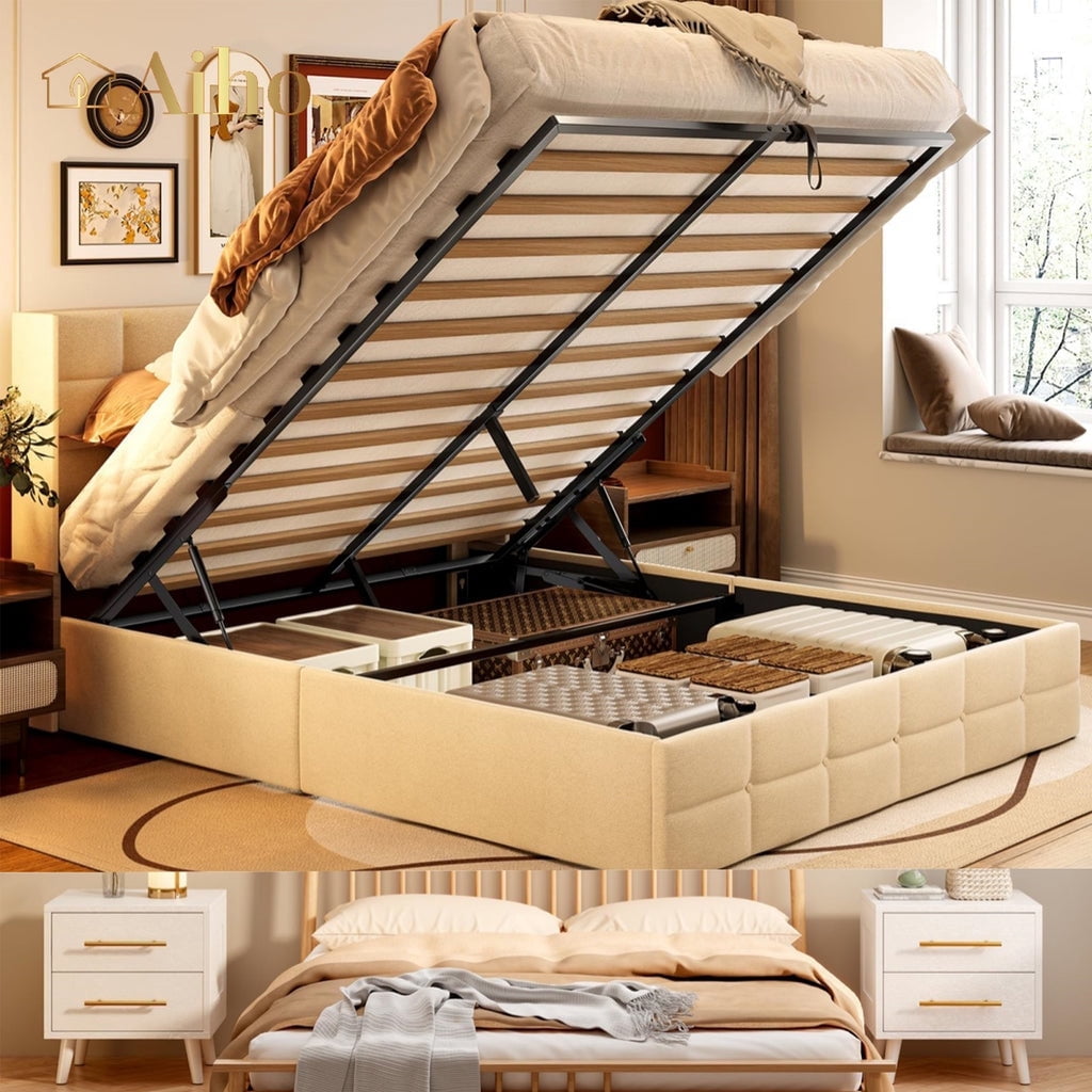 Aiho 3 Pieces Bedroom Furniture Set, Includes Queen Lift Up Storage Bed, Nightstands Set of 2 - White
