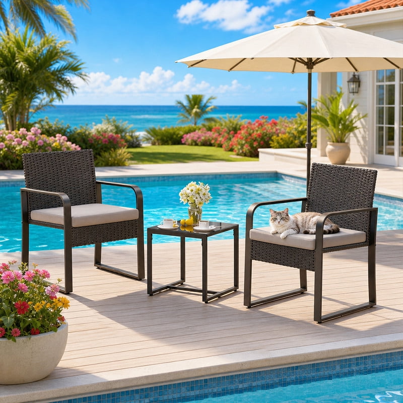 3 Piece All-Weather PE Rattan Patio Bistro Set, Outdoor Wicker Patio Furniture Set, Conversation Chairs with Tempered Glass Table for Balcony Yard Poolside Garden, Gray