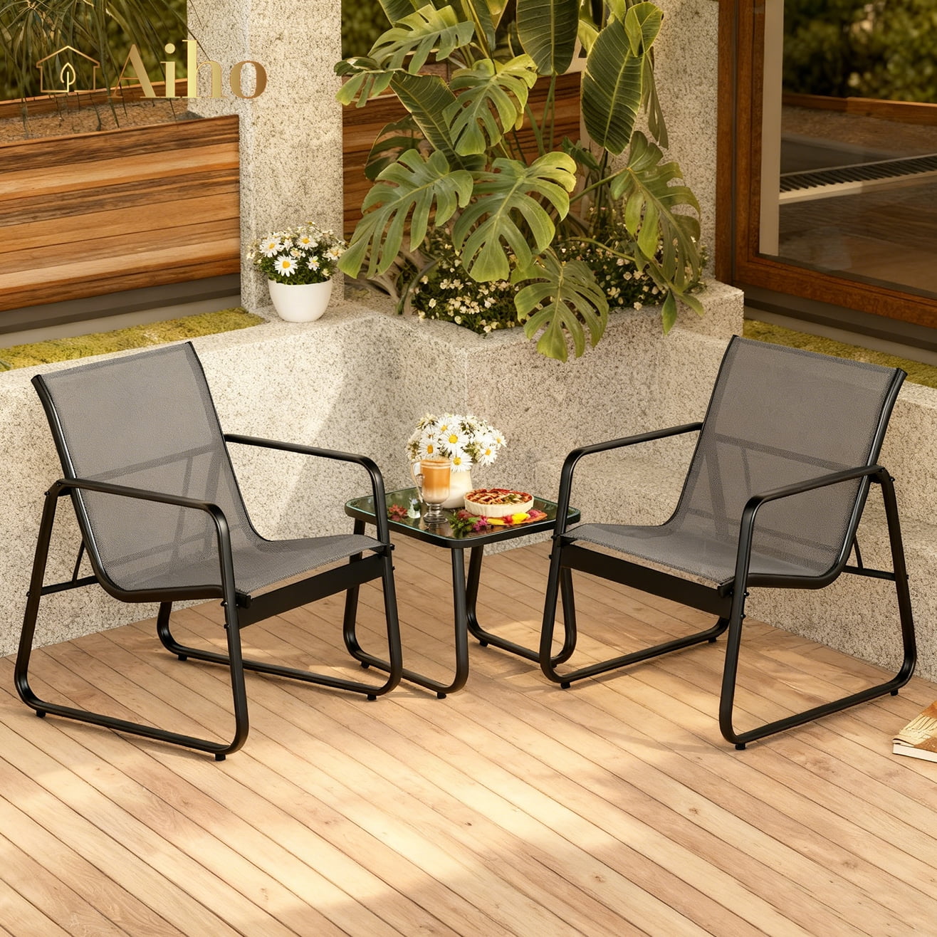 3 Pieces Patio Furniture Set with Metal Frame Glass Table, Bistro Table and Chairs Set for Lawn - Gray
