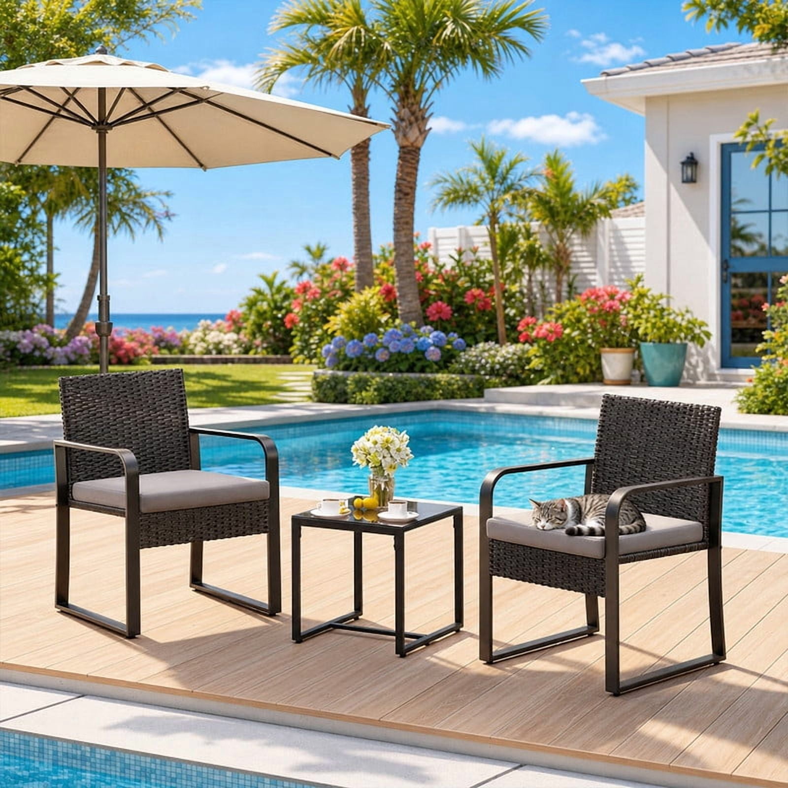 Aiho 3 Pieces Outdoor Bistro Set with Glass Table, Patio Rattan Furniture Set with Soft Cushions for Balcony, Backyard, Garden, Pool, Gray