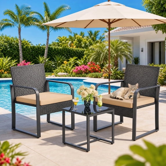 Outdoor 3-Piece Wicker Patio Furniture Set, Weather Resistant Rattan Bistro Chairs with Tempered Glass Coffee Table & Soft Seat Cushions, Beige