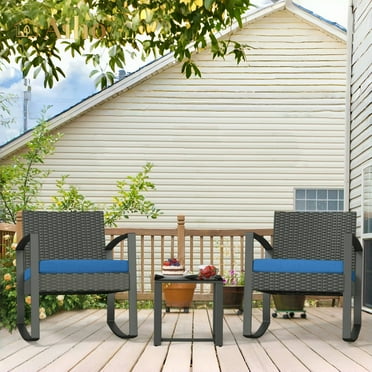 Aiho 3 Pieces Patio Conversation Set PE Rattan Bistro Chairs Set of 2 with Coffee Table - Blue