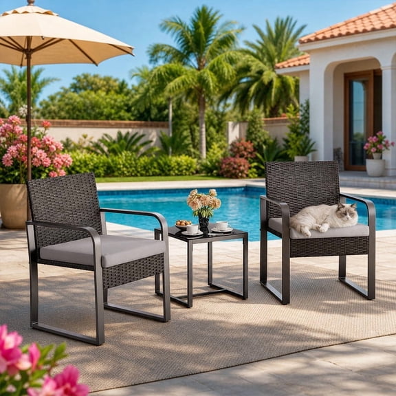 Outdoor 3-Piece Wicker Patio Furniture Set, Weather Resistant Rattan Bistro Chairs with Tempered Glass Coffee Table & Soft Seat Cushions, Gray