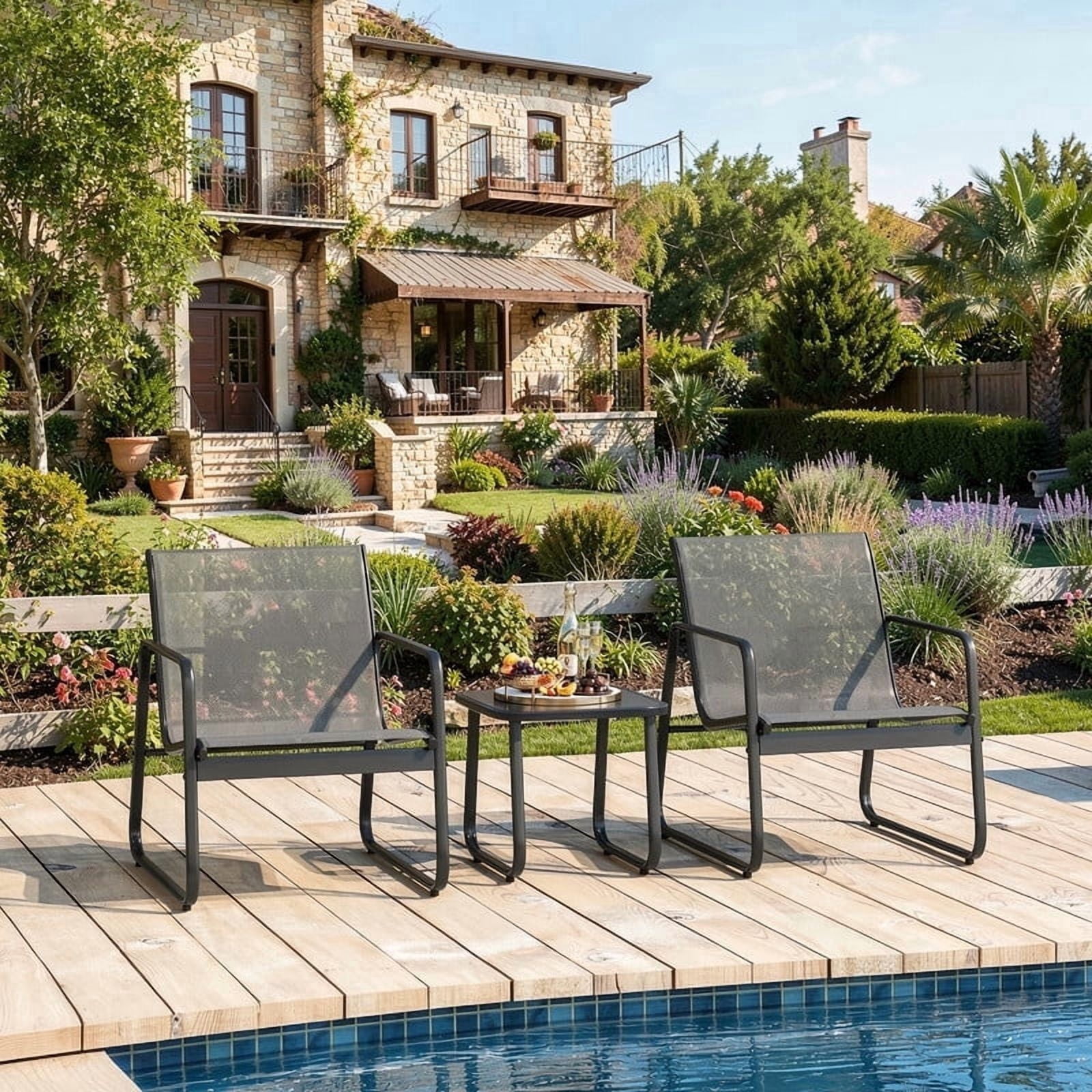 3-Piece Outdoor Patio Furniture Set – All-Weather Textilene Conversation Set, Rust-Proof & Space-Saving Balcony Bistro Set with High Weight Capacity, Ergonomic Comfort, Gray