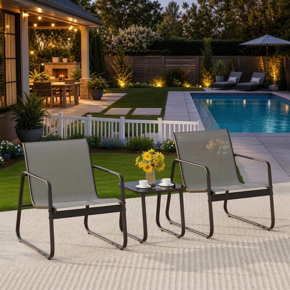 3-Piece Outdoor Patio Furniture Set – All-Weather Textilene Conversation Set, Rust-Proof & Space-Saving Balcony Bistro Set with High Weight Capacity, Ergonomic Comfort, Gray