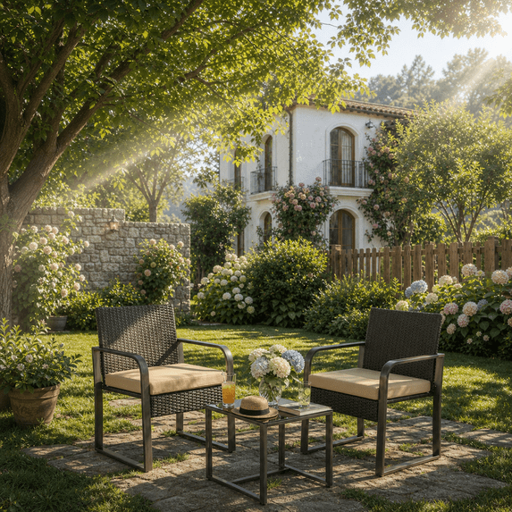 Aiho 3-Piece Wicker Patio Bistro Set, Outdoor Furniture with Glass Table & Soft Cushions for Balcony Garden-Beige