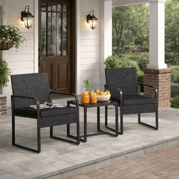 3-Piece Outdoor Patio Bistro Set, All-Weather Rattan Furniture with 2 Chairs and Coffee Table, Space-Saving Small Porch Conversation Set for Garden, Balcony, Backyard - Black Cushions