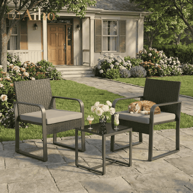 Aiho 3-Piece Wicker Patio Bistro Set, All Weather Outdoor Chairs Set with Glass Top Table & Soft Cushions, Outdoor Furniture for Garden, Backyard, Balcony, Deck - Gray