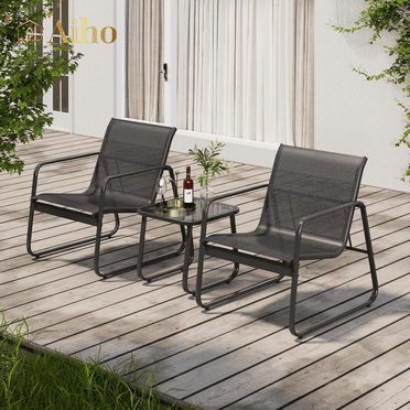 Aiho Outdoor Chairs Set of 3, Textilene Outdoor Patio Furniture Set with Coffee Table for Garden, Lawn, Patio-Black