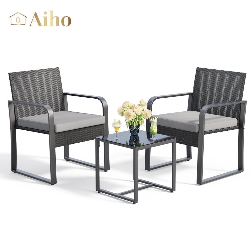 Aiho 3 Piece Patio Furniture Set, Rocking Chairs with Glass Table, Rattan, Grey Cushion