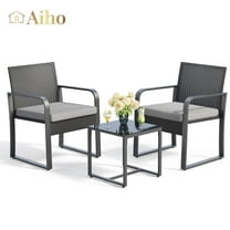 Aiho 3 Pieces Patio Furniture Set, Fixed Rattan Conversation Set with Glass Table and Cushions - Gray