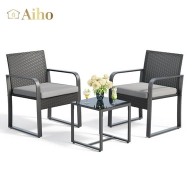 Aiho 3 Pieces Patio Furniture Set, Fixed Rattan Conversation Set with Glass Table and Cushions - Gray