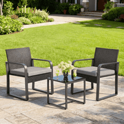 Patio Furniture Set, Aiho 3 Pieces Wicker Outdoor Chairs Set with Glass Table, Patio Bistro Set for Garden, Backyard, Balcony, Gray Cushions