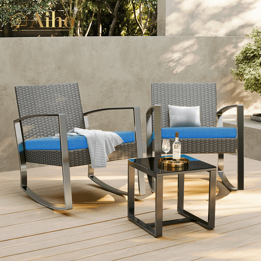Aiho 3 Pieces Patio Furniture Set, Rocking Rattan Conversation Set with Glass Table and Cushions，Outdoor Chairs Set for Garden, balcony, Yard, Poolside - Blue
