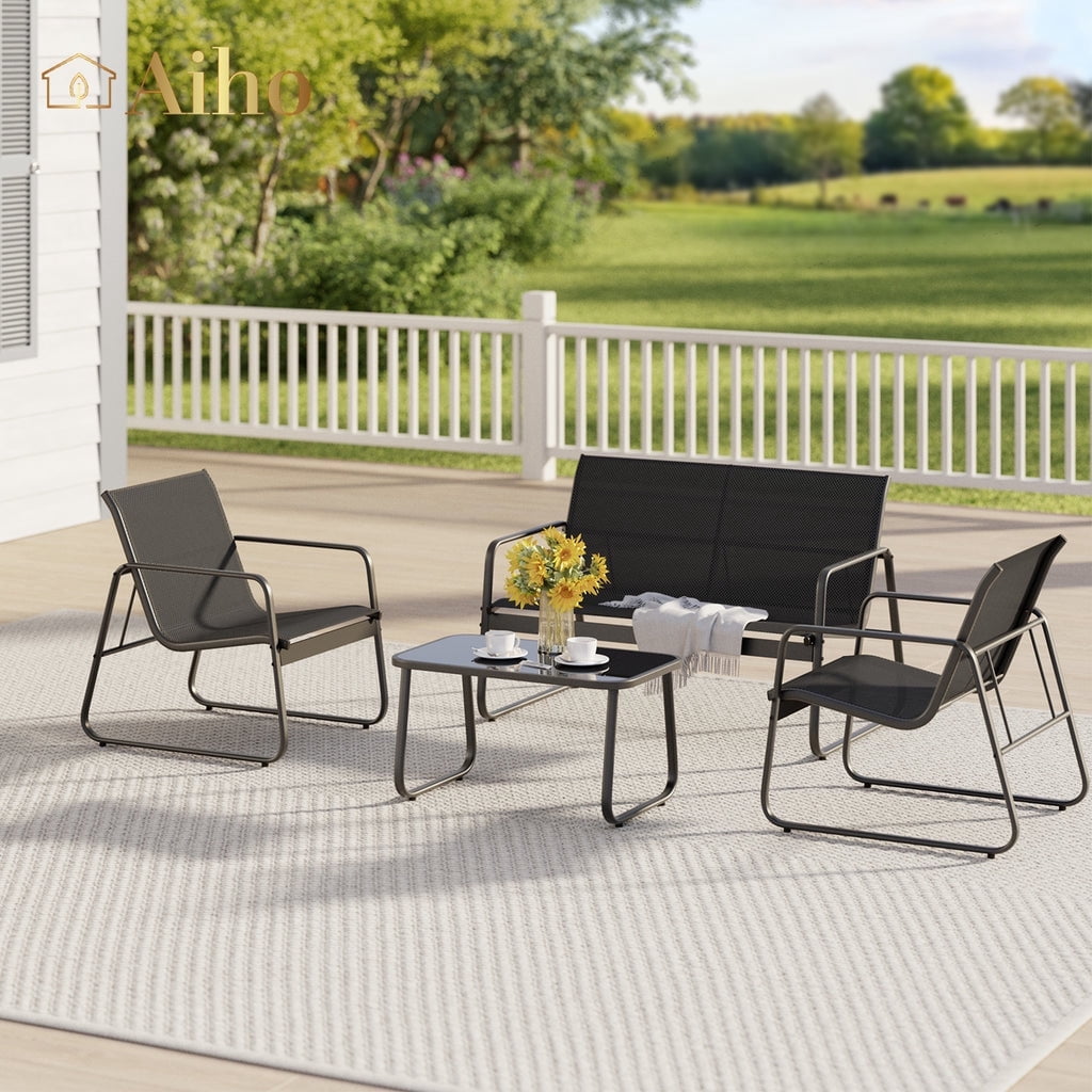 Aiho 4 Pieces Patio Furniture Set,Textilene Modern Conversation Black Set with Tea Table for Home,Lawn,Balcony, Bistro - Black