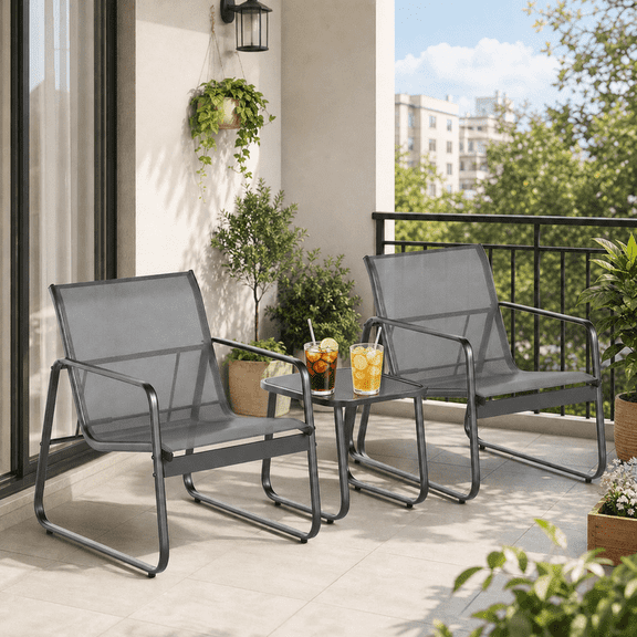 3 Pieces Patio Outdoor Conversation Set with Coffee Table, Textilene Chair with glass table, Black