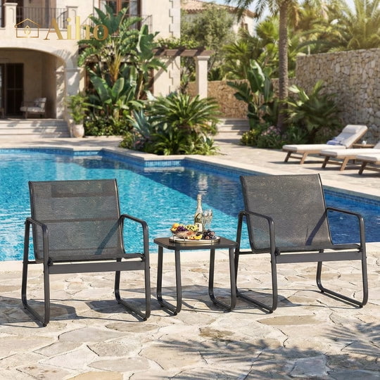 Aiho 3 Pieces Patio Furniture Set,Textilene Modern Conversation Black Set with Tea Table for Home,Lawn,Balcony and Bistro - Black