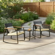 Aiho Patio Furniture Set for 2, 3 Pieces Patio Comversation Set with Outdoor Rocking Chairs, Rattan Loveseat,Glass Bistro Coffee Table,Removable Cushion for Backyard Balcony Lawn Pool - Beige