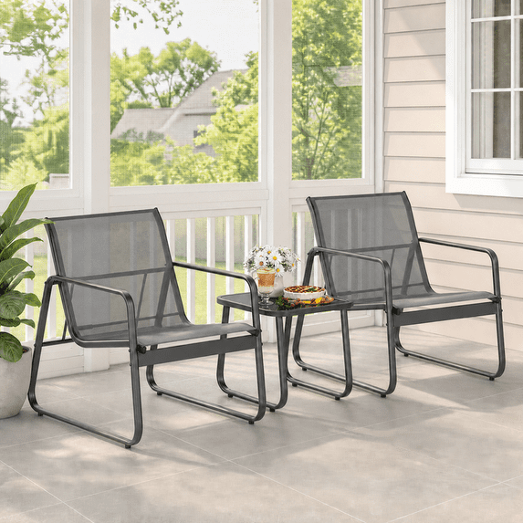 3 Pieces Patio Outdoor Conversation Set with Coffee Table, Textilene Chair with glass table, Black
