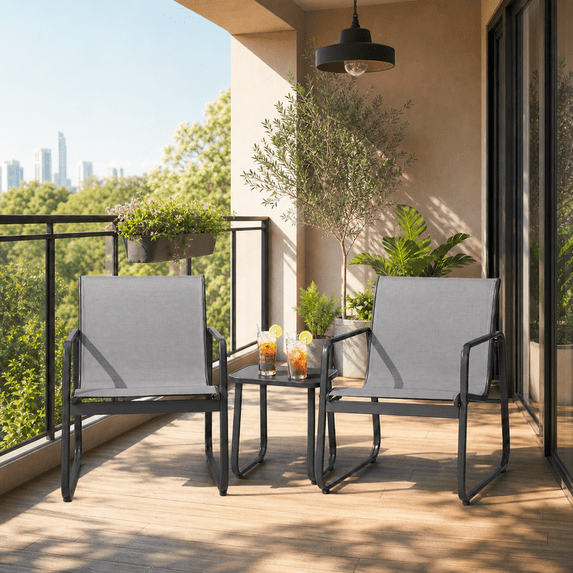 3 Pieces Patio Outdoor Conversation Set with Coffee Table, Textilene Chair with glass table, Gray