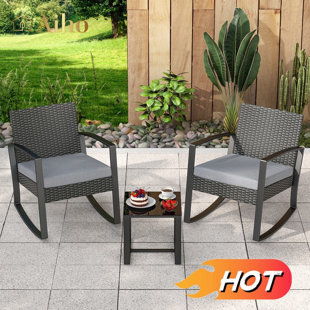 Aiho Three-Piece Porch Rattan Patio Set: Outdoor Wicker Furniture with ...