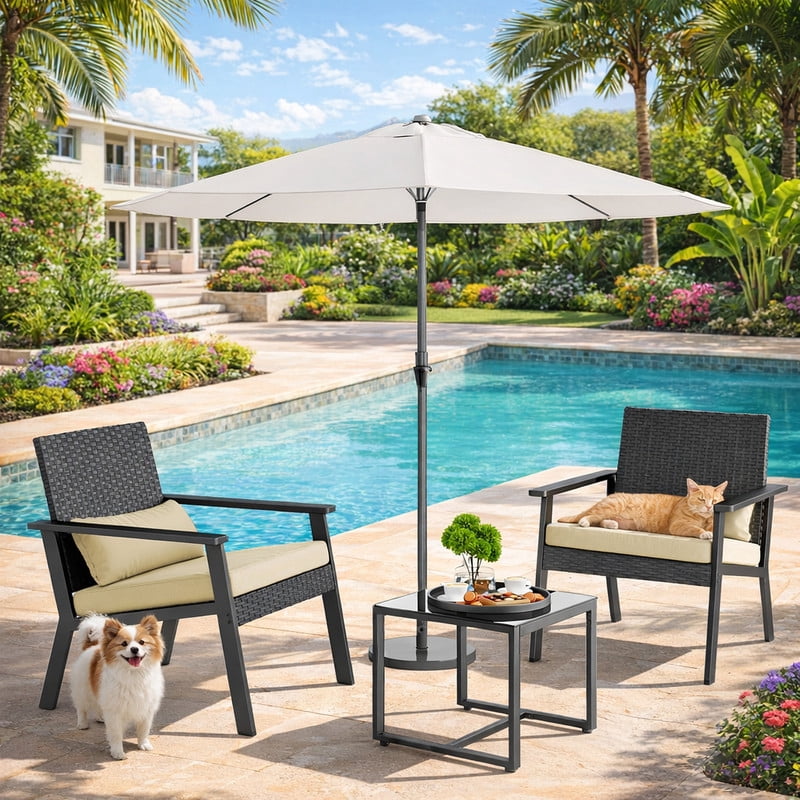 3-Piece Wicker Outdoor Patio Furniture Set with Glass Table, Ergonomic Chairs for Balcony, Porch, Garden & Poolside, Beige