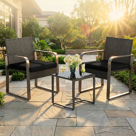 Aiho 3-Pieces Rattan Patio Set w/ Glass Table & Cushions - Weather-Resistant Conversation Seating, Black