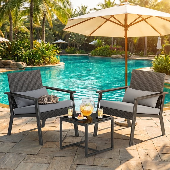 3-Piece Wicker Outdoor Patio Furniture Set with Glass Table, Ergonomic Chairs for Balcony, Porch, Garden & Poolside, Gray