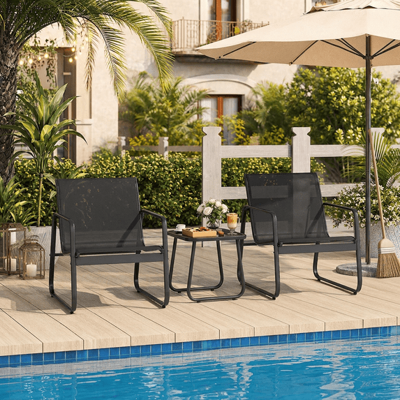 3-Piece Outdoor Bistro Furniture Set, 2-Seater Patio Conversation Chairs with Anti-Rust Metal Frame, Black