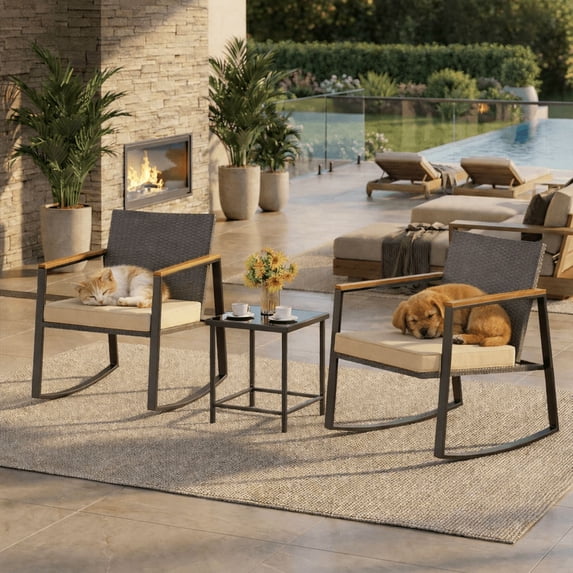 Aiho 3-Piece Wicker Patio Set with Rocking Chairs & Coffee Table - Outdoor Garden, Beige