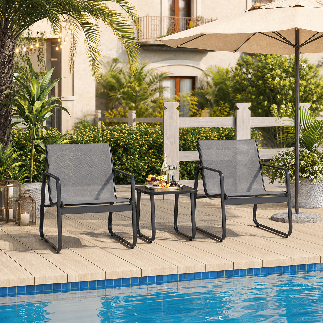 3-Piece Outdoor Bistro Furniture Set, 2-Seater Patio Conversation Chairs with Anti-Rust Metal Frame, Gray at Walmart
