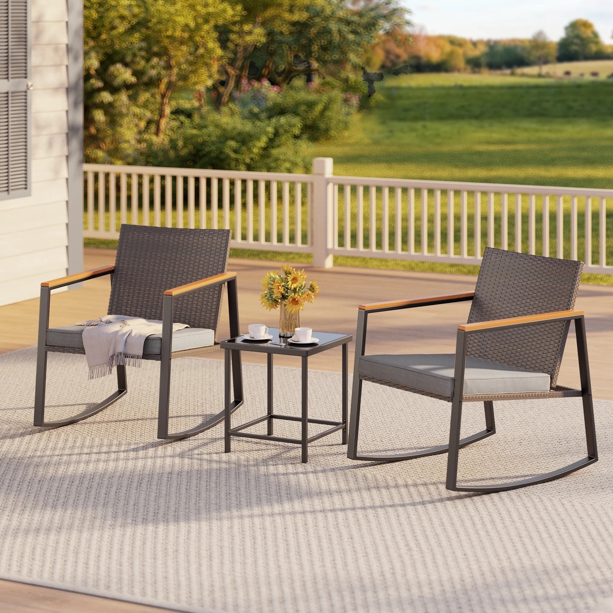 Aiho 3pc Porch Rattan Rockers Set, Wicker Outdoor Furniture with Coffee Table, Gray