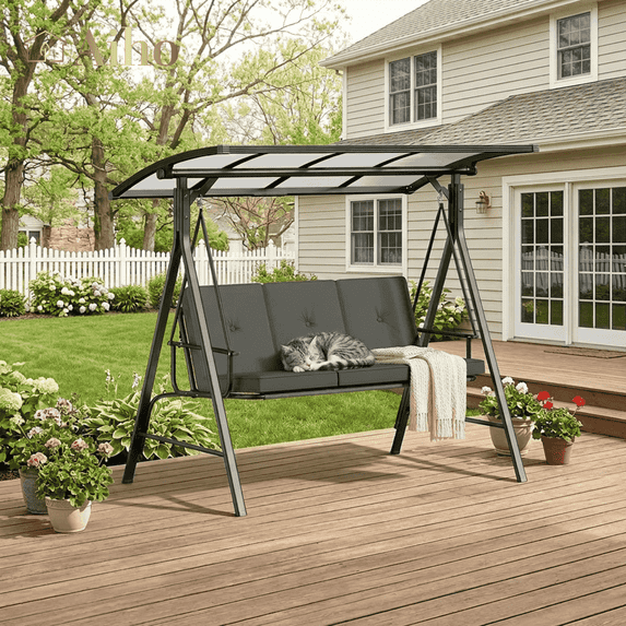 Aiho 3-Seat Porch Swing with Adjustable Canopy, Outdoor Patio Swing Chair with Removable Cushions, Heavy Duty Weather Resistant Glider for Garden, Backyard, Deck - Gray