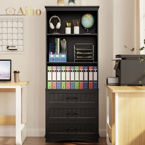 Aiho 3-Shelf Bookcase with 3 Drawers for Living Room, Bedroom - True Black