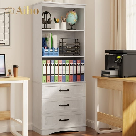 Aiho 3-Shelf Bookcase with 3 Drawers for Living Room, Bedroom - White