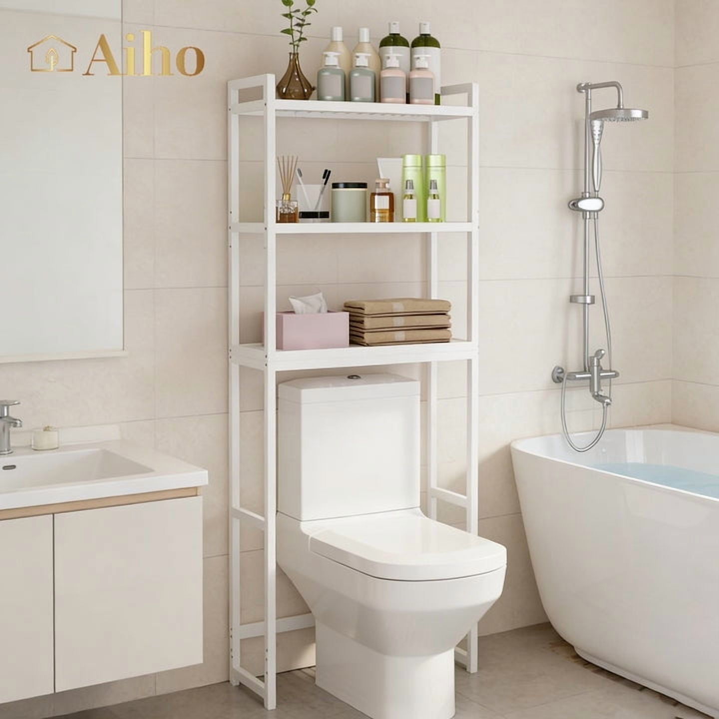 Aiho 3-Shelf Over the Toilet Space Saver，Over the Toliet Storage Cabinet for Bathroom, Lavatory, Laundry - White