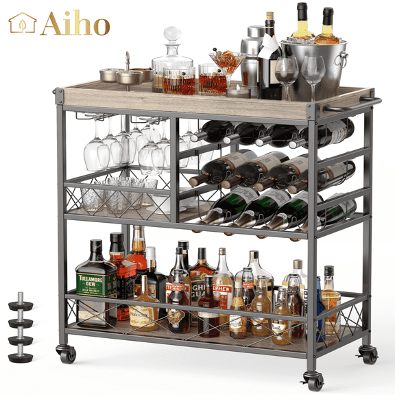 Aiho 3 Tier 38 "H Metal Bar Serving Cart with Lockable Wheels and 12 Wine Racks for Kitchen - Gray