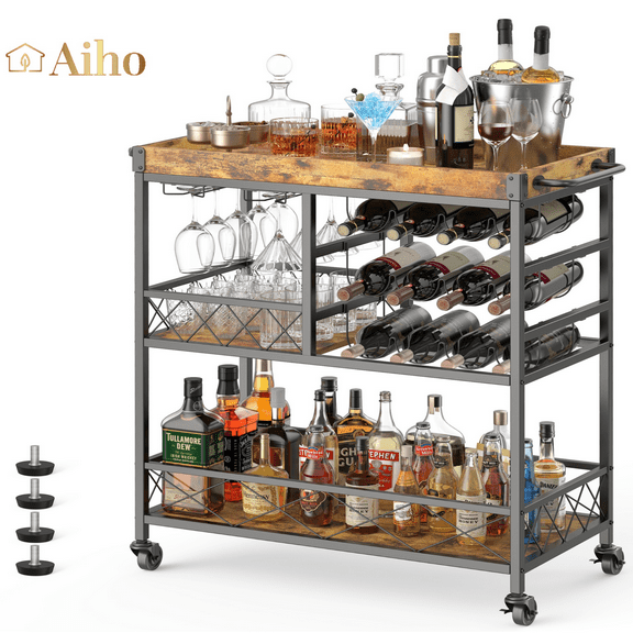 Aiho 3 Tier 38" H Metal Home Bar Serving Cart with Lockable Wheels and 12 Wine Racks for Kitchen- Retro