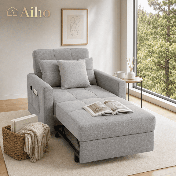Aiho 3-in-1 Adjustable Sofa Bed, Linen Folding Lounge Chair-Gray