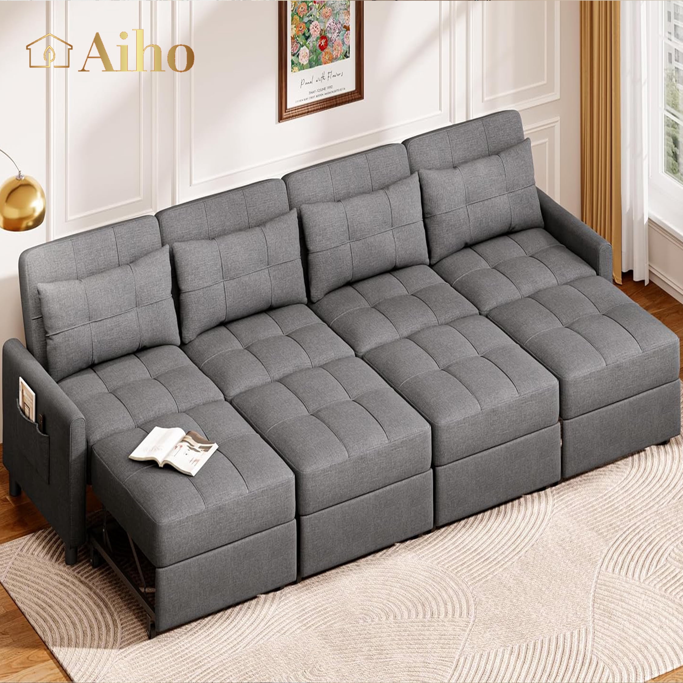 Aiho 3 in 1 Convertible Chair Bed for Living Room , 4-Seater Sleeper Sofa Bed for Bed Room, Dark Gray