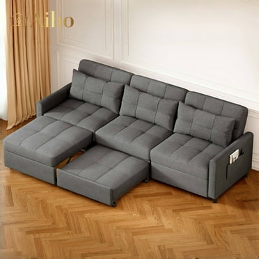 Aiho 84" Sectional Sofa, 3 in 1 Convertible Pull Out Sofa Bed, Reversible Pull Out Couch for Living Room - Dark Gray