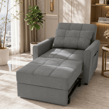 Aiho 3-in-1 Convertible Sleeper Chair–Single Sofa Bed with Adjustable Backrest, Spacious Multifunctional Option for Living Room, Bedroom & Apartment Grey